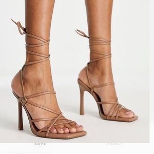 ASOS design nobu scrappy tie leg heeled sandals, color beige, size 8